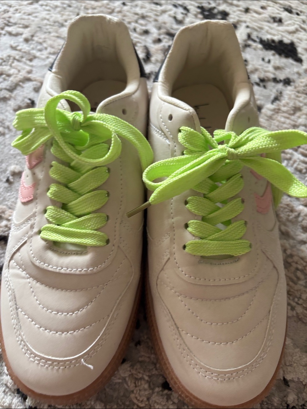 Nicole Miller Cream Sneakers with Neon Green Laces